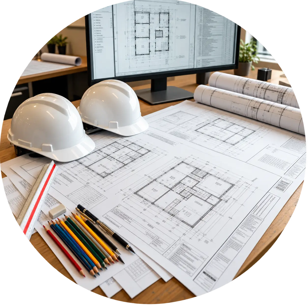 Architectural drawings and blueprints with construction engineer white hard hats