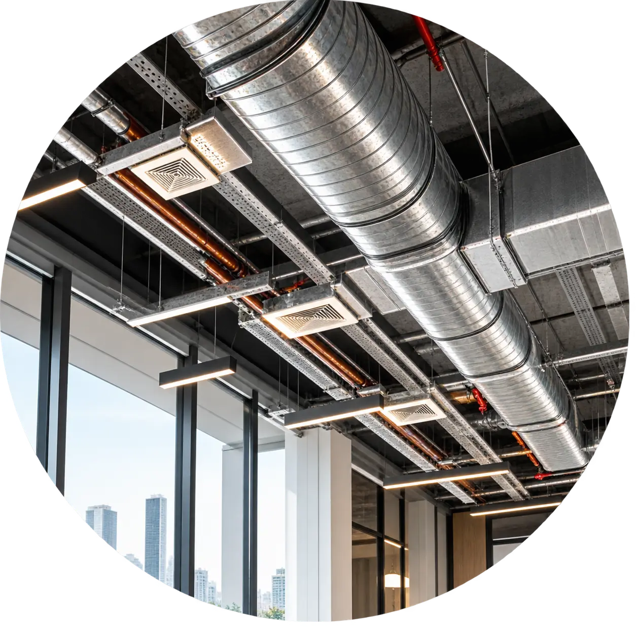 Commercial exposed industrial ceiling with galvanized HVAC spiral ducts and lighting