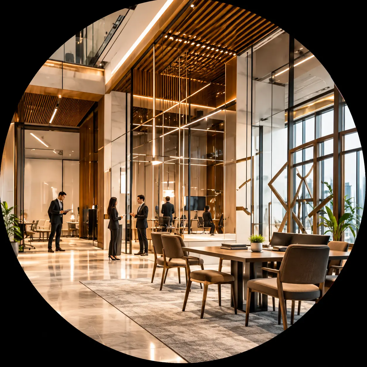 Grand commercial atrium with timber slat architecture and brass chandeliers