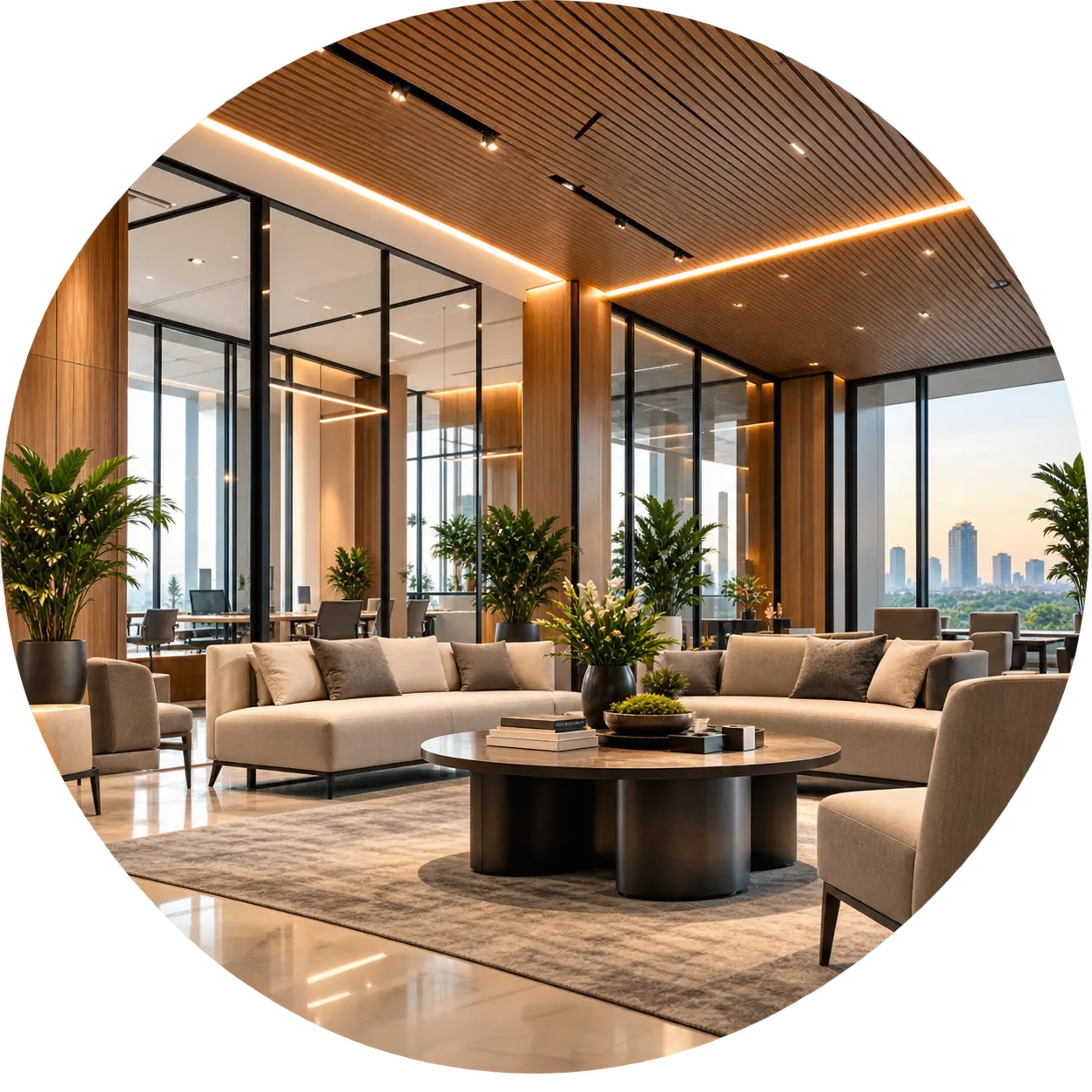 Luxury contemporary lounge interior with curved ceiling lighting and modern furniture