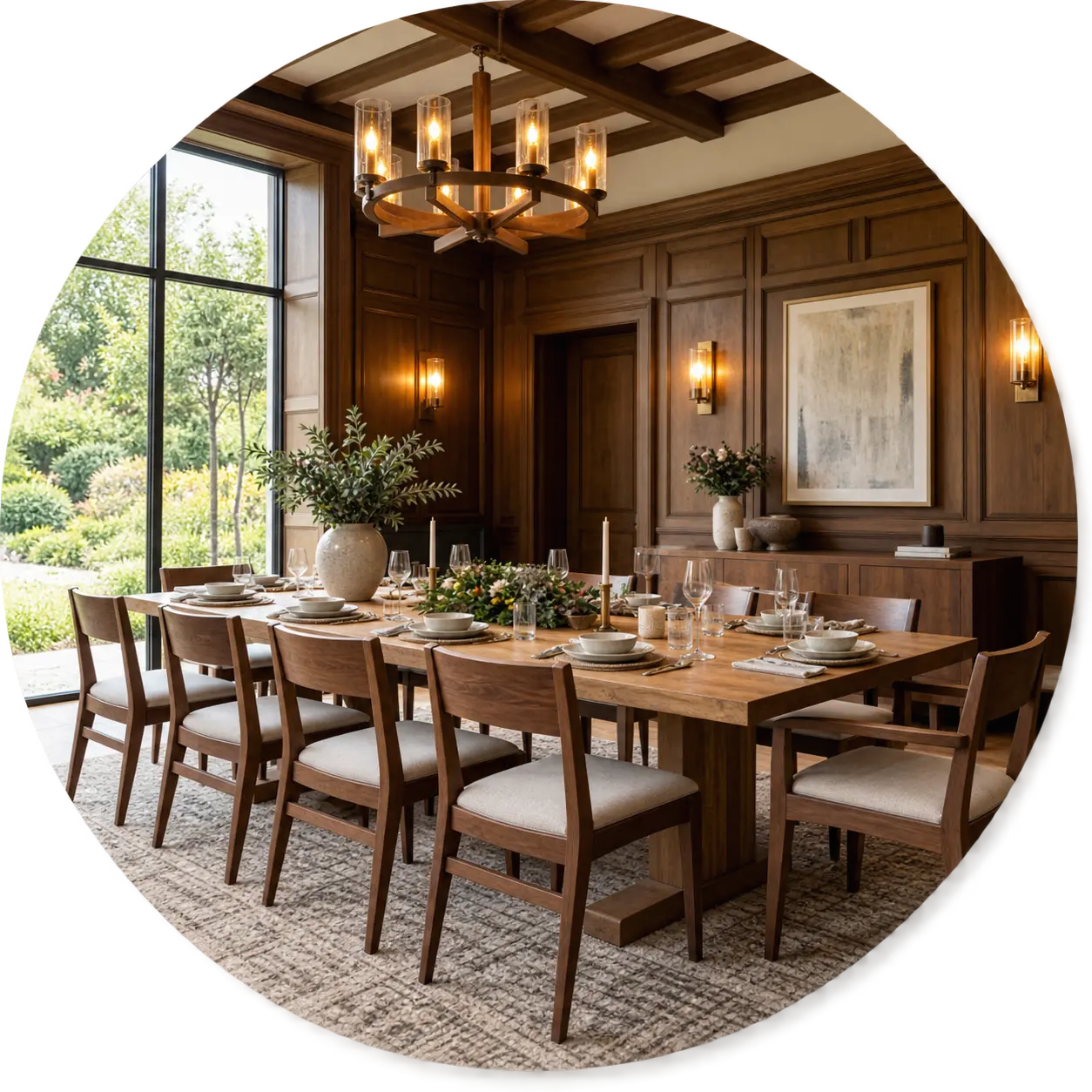 Bespoke solid oak dining table and custom chairs in warm timber panelled room
